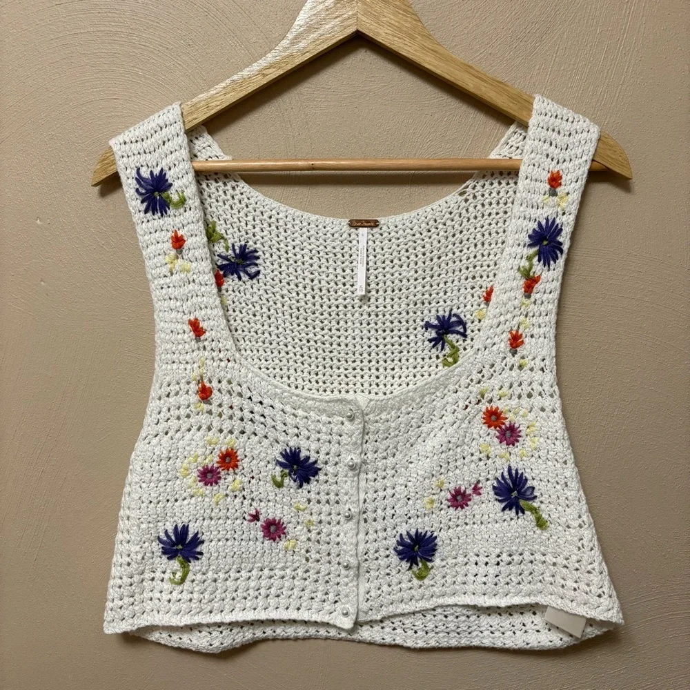 Free People Wildflowers Crochet Tank Crop Top White Floral Flowers Size XL